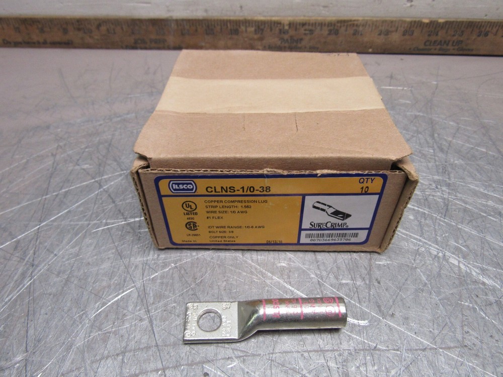 CASE OF 10QTY ILSCO CLNS-1/0-38 COPPER COMPRESSION LUGS 3/8″ NEW IN BOX !!