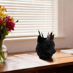 3D Printed Wolf Head Pen Holder, Black Plastic Animal Desk Stationery Organizer