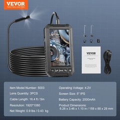 VEVOR Endoscope Camera with Lights Triple Lens Borescope 16.4FT Cable 5″ Screen