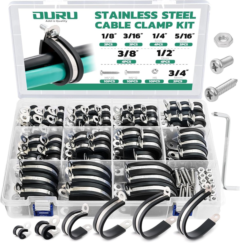 150PCS Cable Clamps with Screws Assortment Kit 304 Stainless Steel Insulated