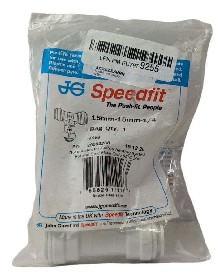 John Guest ASV3 Angle Stop Valve 15 x 15 x 1/4 PF Adaptor Water Tube Connector
