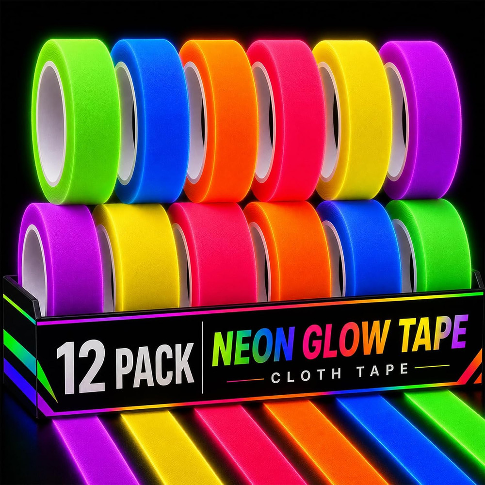 12 Pack Neon Gaffer Cloth Tape, 0.6 Inch X 16.5 Feet UV Fluorescent Glow Blackli