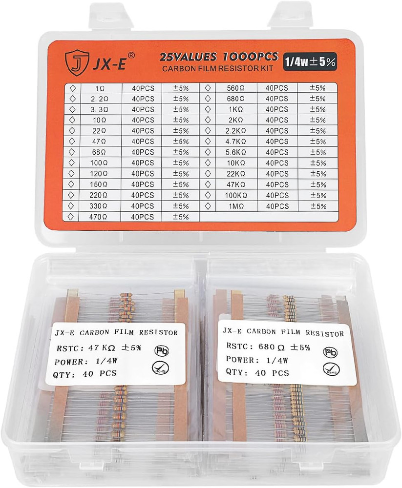 Resistors Assortment Kit, 1000 Pcs 25 Values 1 Ohm to 1M Ohm 1/4W Carbon Film Re