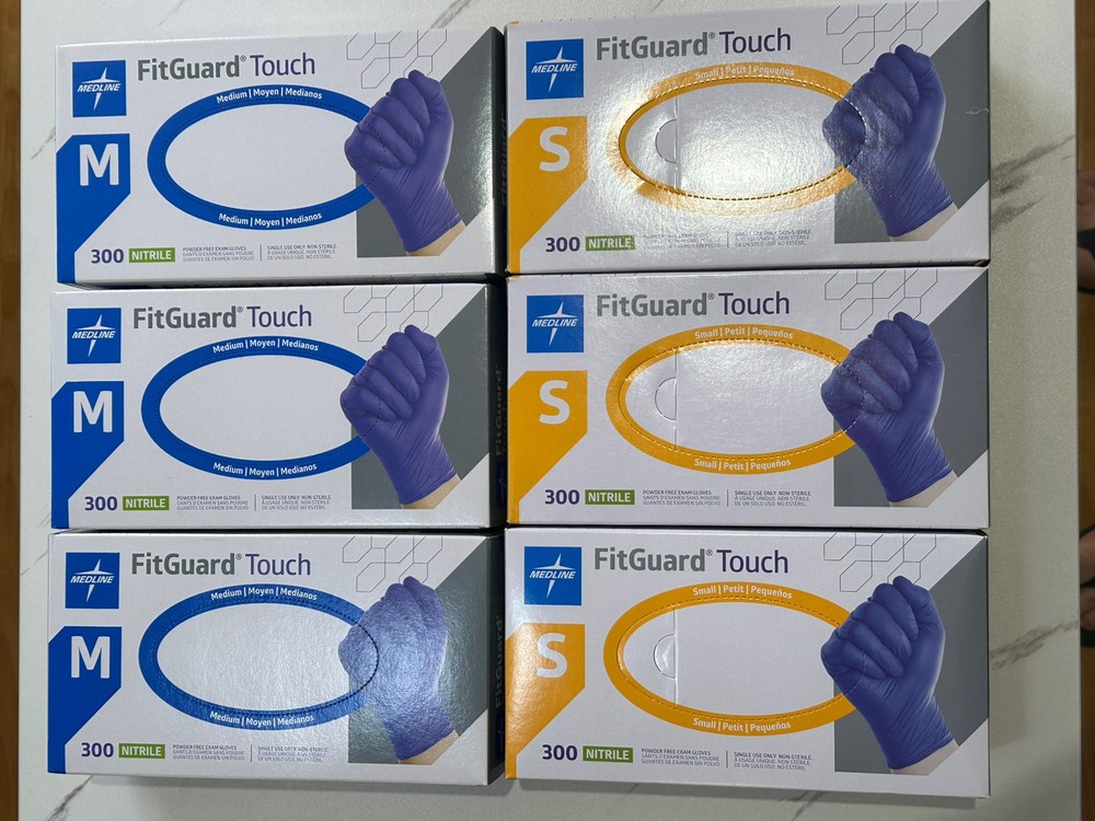 6x MEDLINE FitGuard Touch Nitrile Exam Gloves, Size-S & M, 300/Box Total 1800