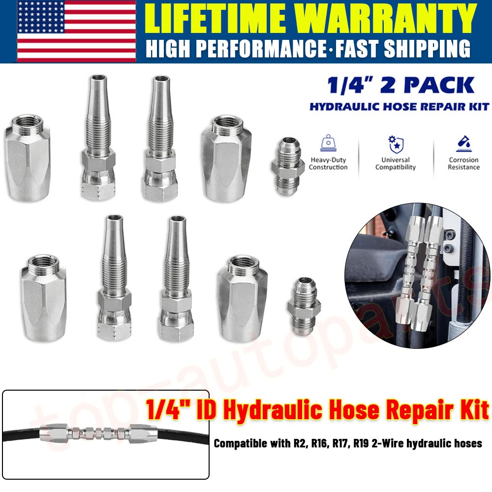 2x Hydraulic Hose Repair Kits – 1/4 ID 2-Wire Hose Reusable Field Repair Fitting