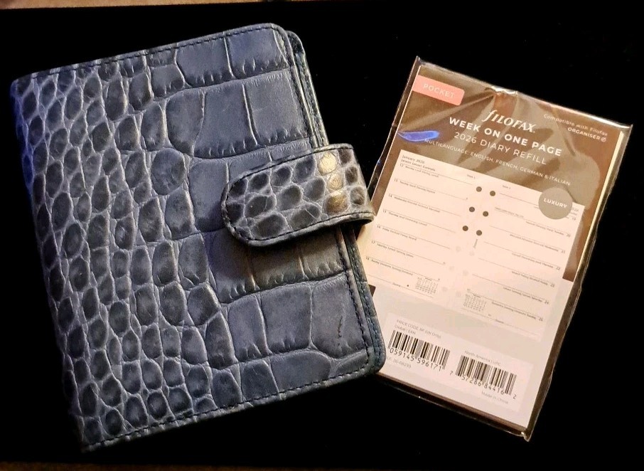 Filofax Pocket Classic Croc Organiser Planner Diary Indigo Leather w 2026 Refill