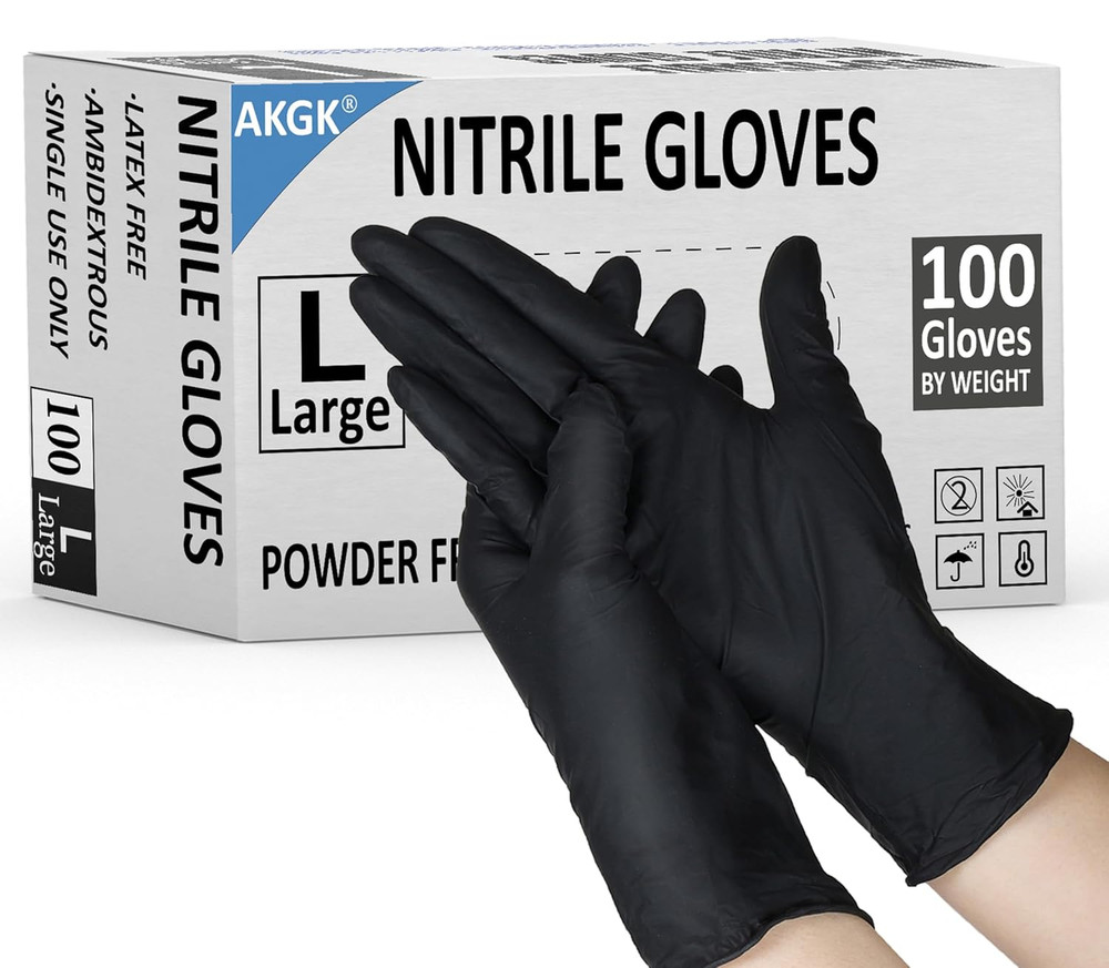 Disposable Nitrile Gloves Large Pack of 100 Black Textured Fingertips Household