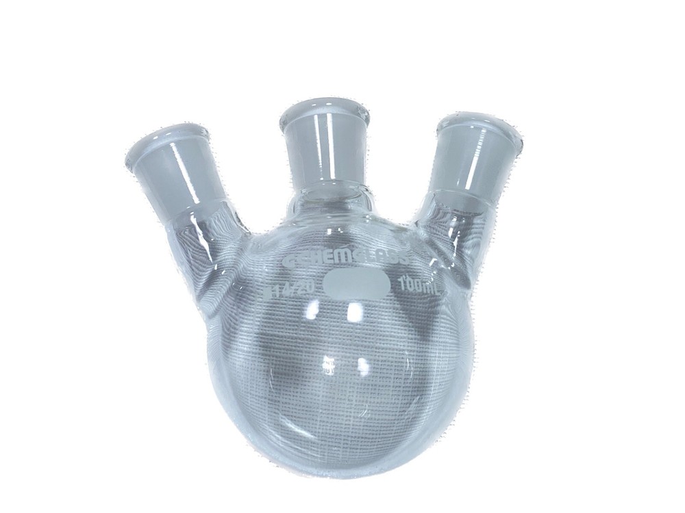 CHEMGLASS Glass 100mL 14/20 Angled 3-Neck Heavy Wall Round Bottom Flask CG-1524