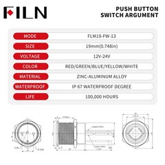 Latching Push Button Switch 19mm Blue LED 12V-24V 20A IP67 Waterproof 2 Pack