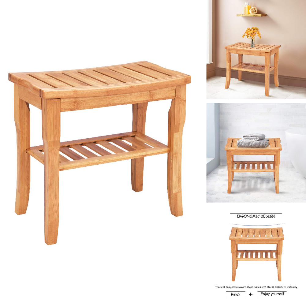 Giantex Bamboo Shower Bench Seat Storage Shelf Shower Spa Chair Seat Bench