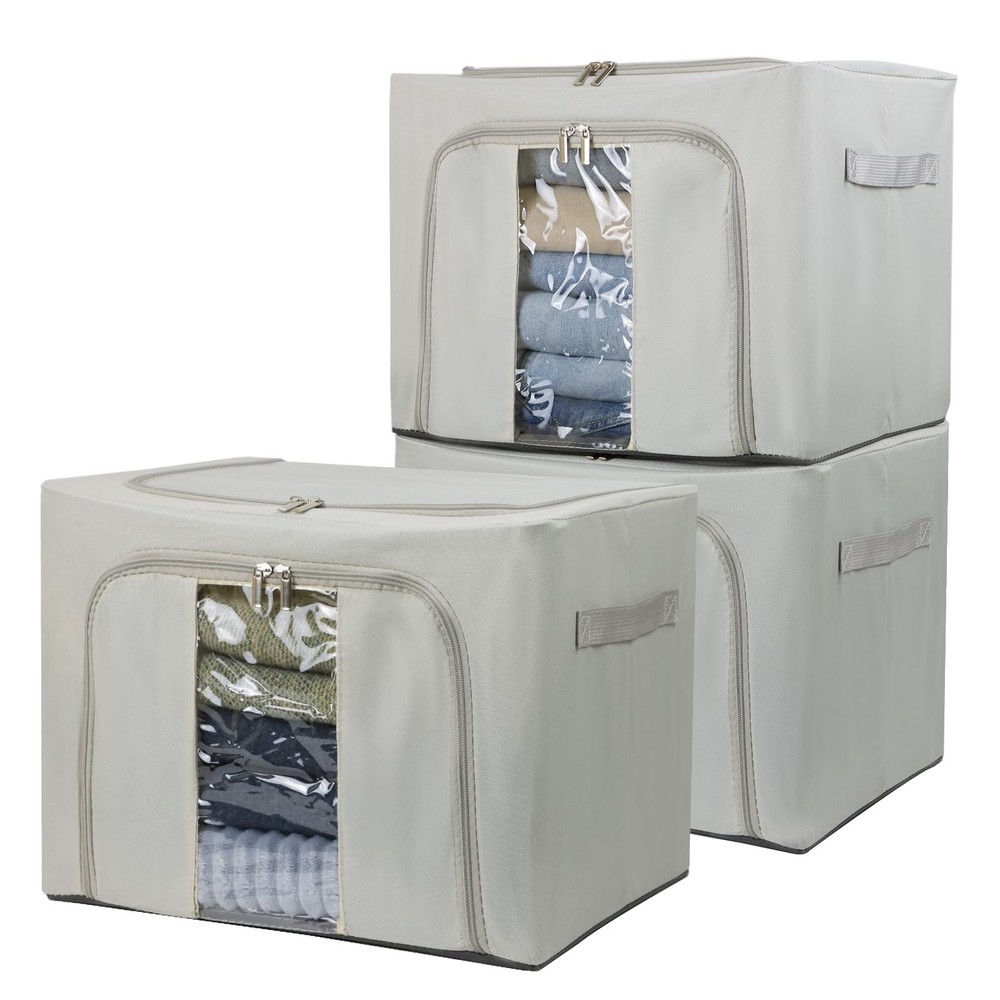 36L Clothes Storage Bins with Metal Frame, 3 Pcs Stackable Clothing Storage B…