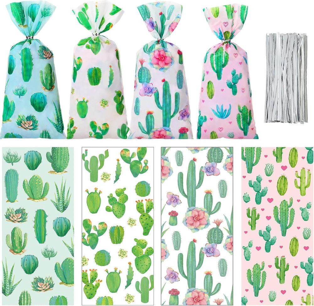 Fulmoon 100 Pcs Floral Cactus Candy Bag Goodie Cellophane Bag with Ties Fiesta P