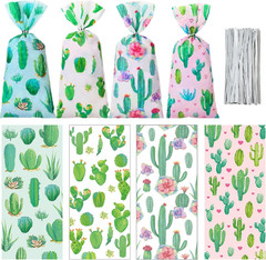 Fulmoon 100 Pcs Floral Cactus Candy Bag Goodie Cellophane Bag with Ties Fiesta P