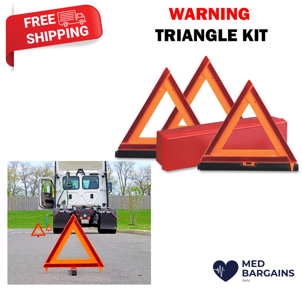 Deflecto Brand Made in USA Emergency Warning Triangle Kit with 3 Warnings – Red