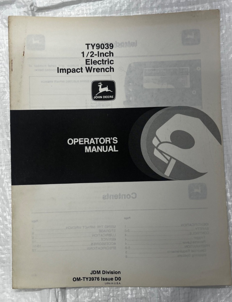 John Deere TY9039 1/2″ Electric Impact Wrench Operator’s Manual OM-TY9376