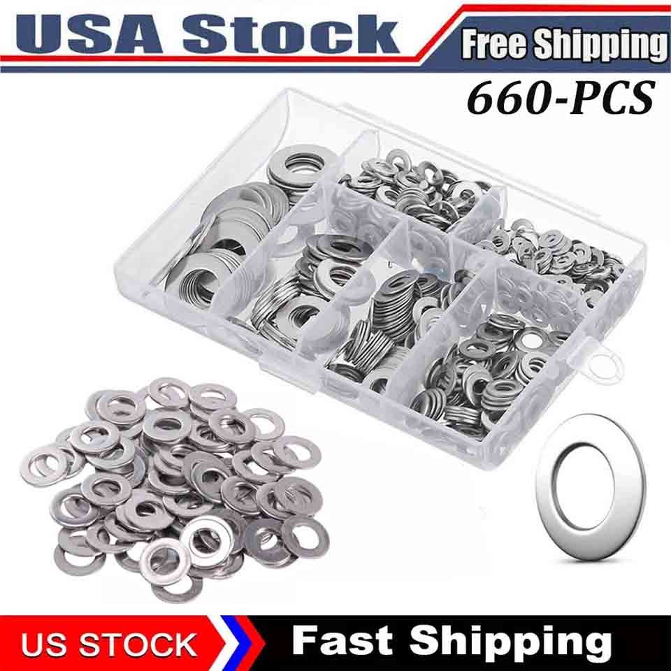 660 Pieces of 304 Stainless Steel Washers Flat Washer Assortment Set Kit 6 Sizes