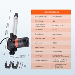 Linear Actuator 12V 6Inch Heavy Duty 1320lbs/6000N 0.19″/s IP44 Protection