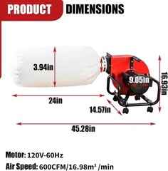 Horizontal Woodworking Dust Collector 750W (1HP) with 15-Gallon Collection Bag