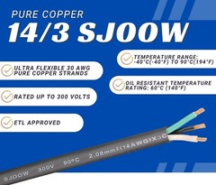 WindyNation 2-DAY SHIPPING 14/3 SJOOW Cable 14 Gauge 3 Conductor 300V Cable Wire
