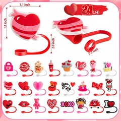 24 PCS Valentine’s Day Straw Toppers, 8mm Heart 6-8mm, Red, Pink, White