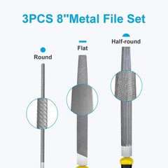 3 PCS Metal File Set 8Inch Professional High Carbon Steel Flat Round Half