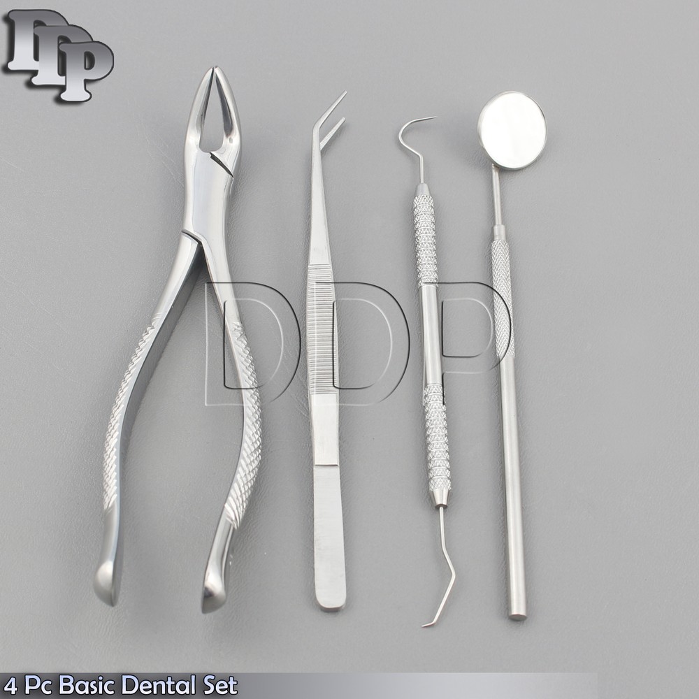 4 PC LOWER PREMOLAR ROOTS DENTAL EXTRACTING FORCEPS COLLEGE PLIERS PROBE SET KIT
