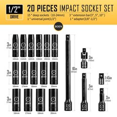 BOEN 1/2″ Drive Metric Deep Impact Socket Set, 20 20pcs Set