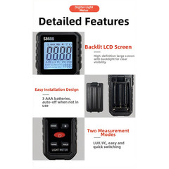 S8608 Digital Light Meter with 150x52x30mm Dimensions Black ABS Housing