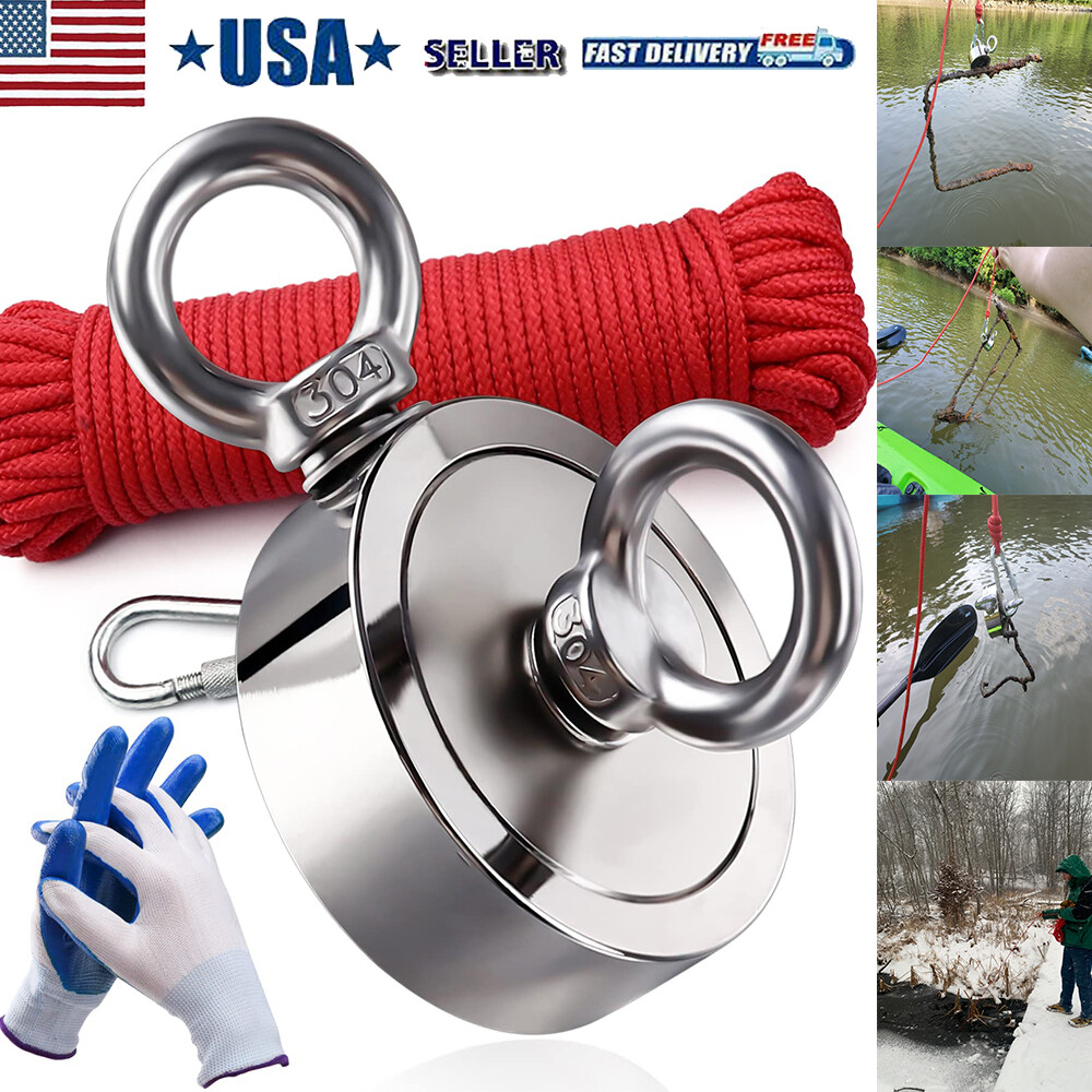Up to 1500 Lbs Fishing Magnet Kit Pull Force Strong Neodymium + Carabiner+ Rope
