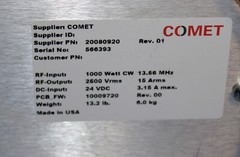 COMET RF Match 1000 Watt CW 2500 Vrms 24VDC 13.56 MHz PCB_FW 10009720/ Mint Used