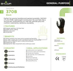 Showa Atlas 370 BLACK Nitrile Palm Coated LIGHTWEIGHT GARDENING WORK GLOVES S-XL