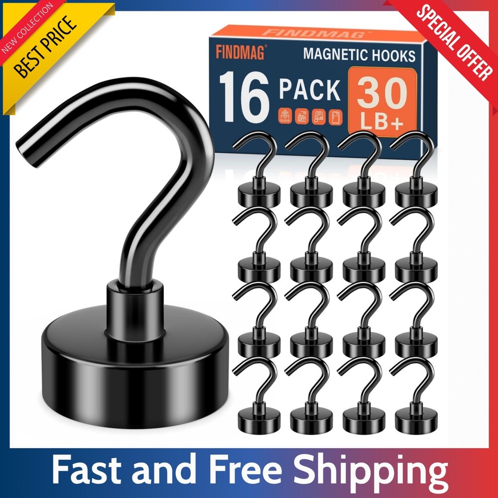 16 Pack Black Magnetic Hooks – 28 lb Heavy Duty N52 Neodymium Cruise Magnets New