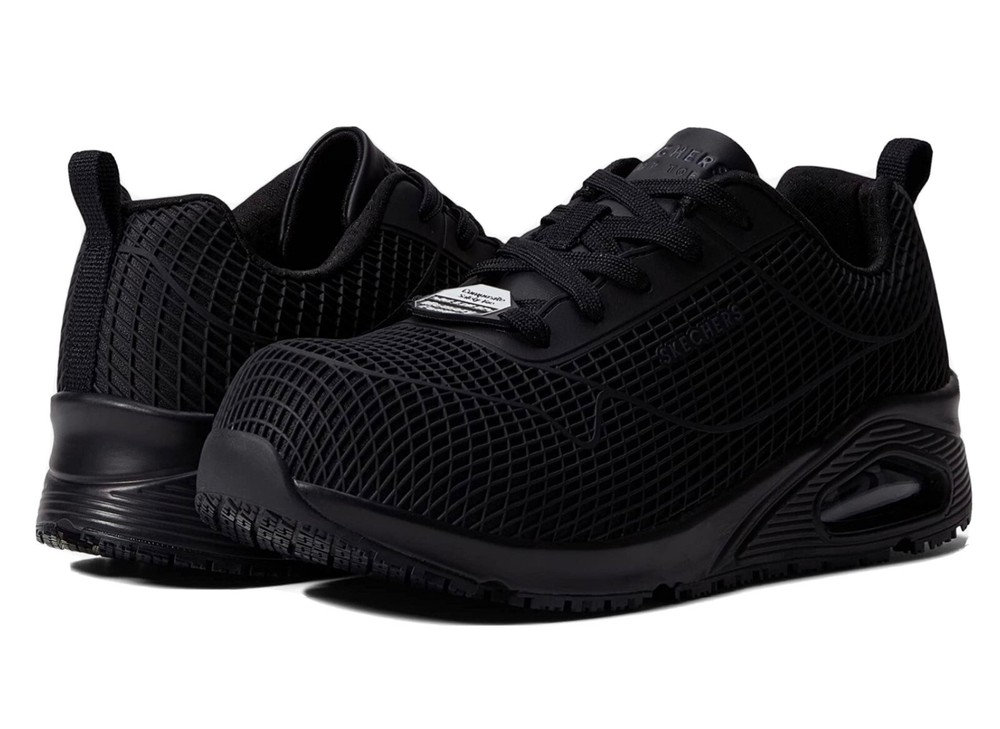 SKECHERS FOR WORK WOMENS,SLIP RESISTANT,SAFETY TOE,MEMORY FOAM SIZE 9.5 BLACK.