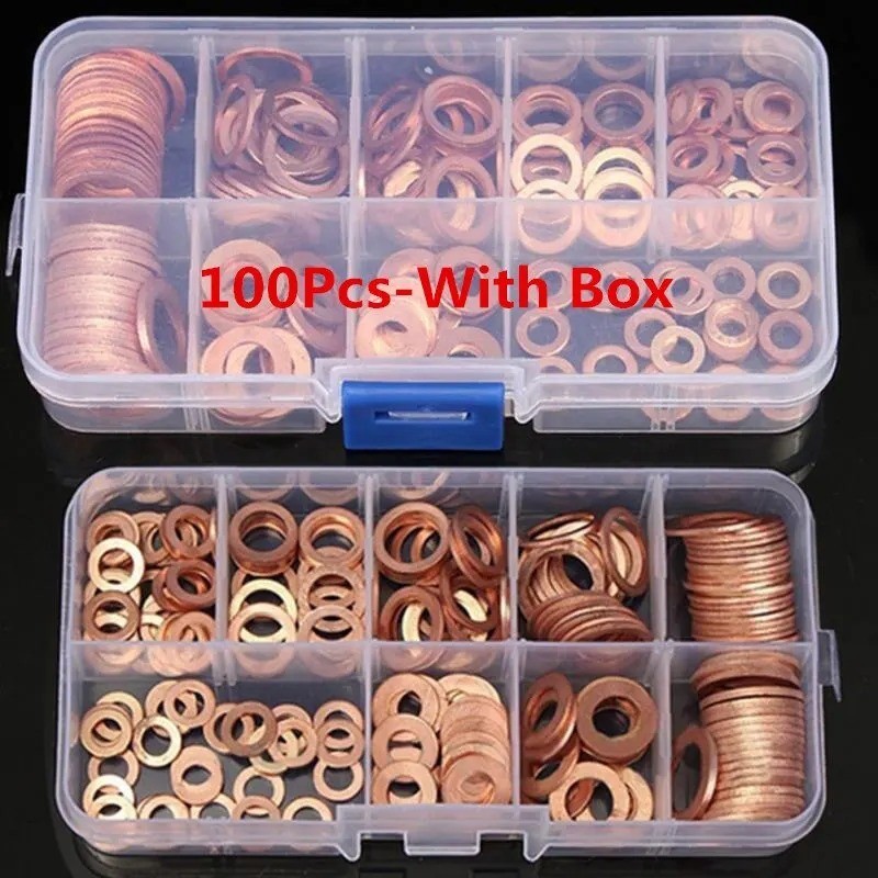 Copper Washer Gasket Nut and Bolt Set Flat Ring Seal Assortment Kit with Box M