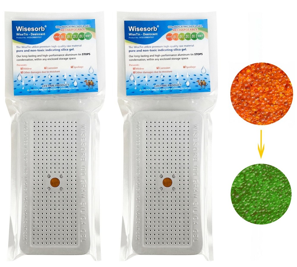 100Gram Indicating Silica Gel Canister, Reusable Desiccant Dehumidifier, 2 Pack