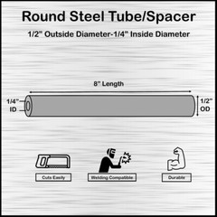 Mild Steel Spacer-Tubing- 1/2″ OD x 1/4″ ID x 8″ Long–Fits M6 or 1/4″ Bolts