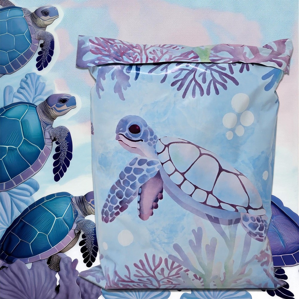 Adorable Sea Turtle 10×13 Poly Mailers Playing in Ocean Designer Cute, Durable,