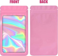 100 Pack Pink Holographic Ziplock Bags Resealable Sealable Mylar Packaging Bag