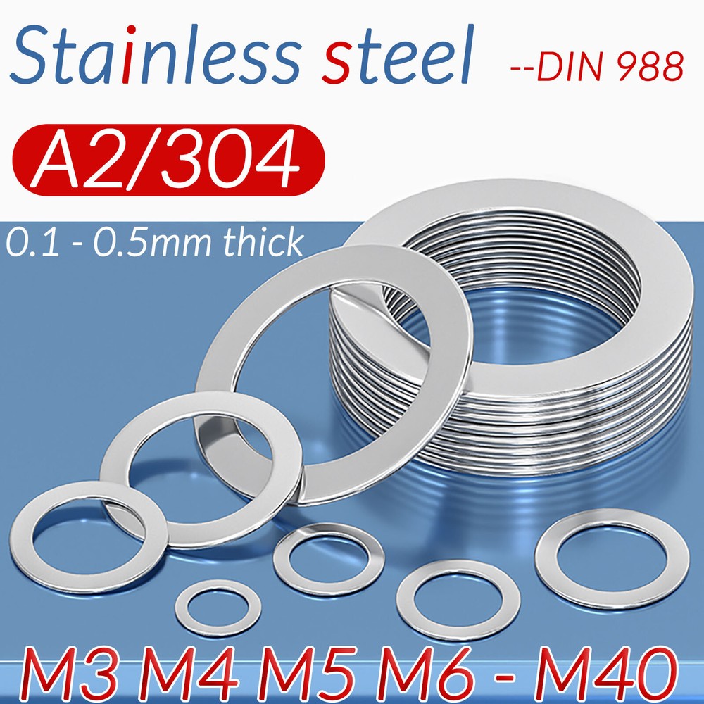 100pcs Shim Washers 0.1mm / 0.2mm / 0.3mm / 0.5mm Thick DIN 988 High Quality