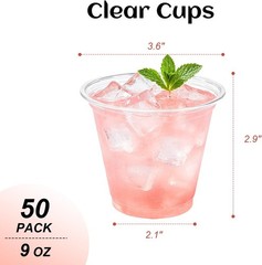 9 oz Clear Plastic Cups 50 Pack, Sturdy & Food Safe Disposable Cups for Cold or