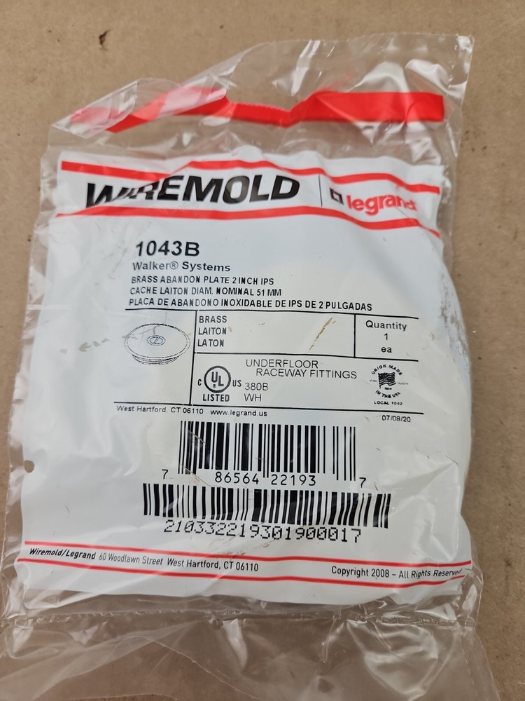 LEGRAND WIREMOLD 1043-B BRASS ABANDON PLATE 2 INCH NEW!