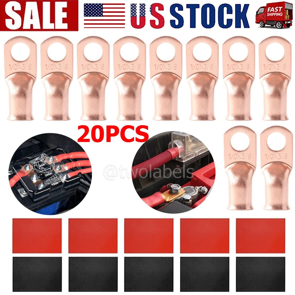 20pcs 4 AWG Gauge Copper Lugs w/ BLACK & RED Heat Shrink End Ring Terminals Wire