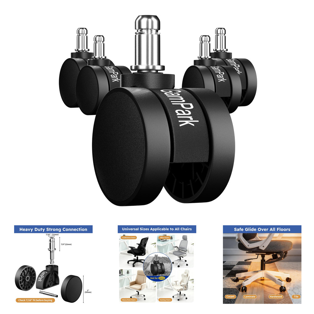 Office Chair Casters Set of 5, Heavy-Duty Plastic Wheels, 2 Inch Universal Stem