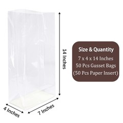 Gusseted Cello Bags 50 PCS 7x4x14 Inch Flat Bottom with Paper Inserts