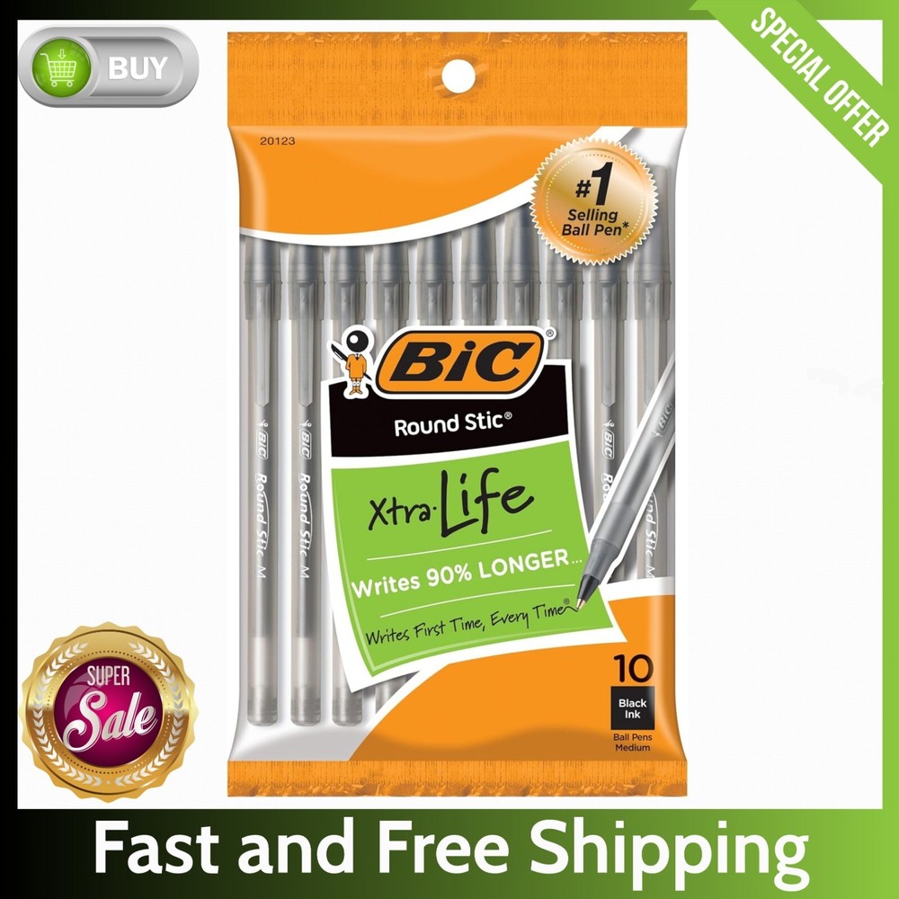 BIC 10-Pack Round Stic Xtra Life Pens – Medium Point, Black Ink, Flexible Barrel