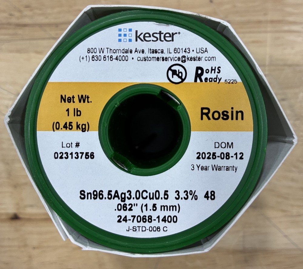 Kester 24-7068-1400 Solder Wire, Lead Free, Sn96.5Ag3Cu0.5 #66/48, 0.062″, 1 lb.