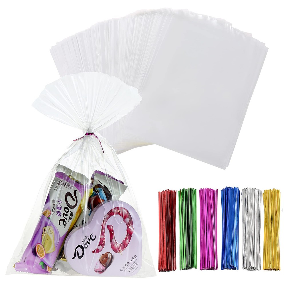 100 PCS Clear Thick Cello Treat Bags Cellophane 6 Color Twist Ties 8×12 In