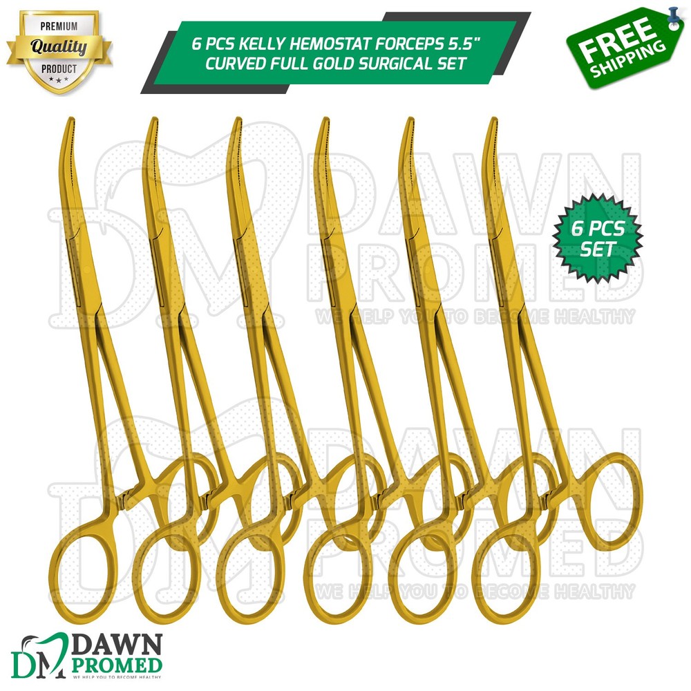 6 Pcs Kelly Hemostat Forceps 5.5″ Curved Full Gold Surgical Instruments Set