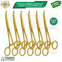 6 Pcs Kelly Hemostat Forceps 5.5″ Curved Full Gold Surgical Instruments Set
