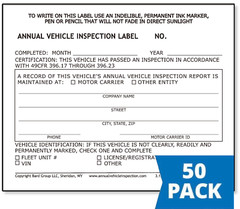 50-PACK. Annual Vehicle Inspection Label 2-Ply Vinyl with Mylar. FMCSA DOT Compl